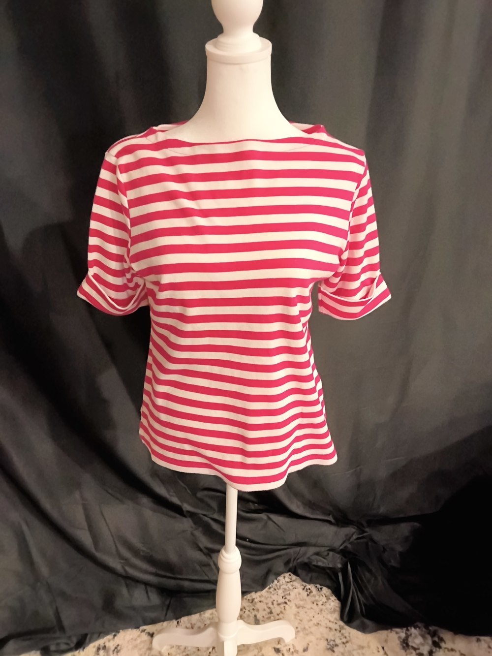 Karen Scott Pink & White Striped Short-Sleeve Boatneck Top